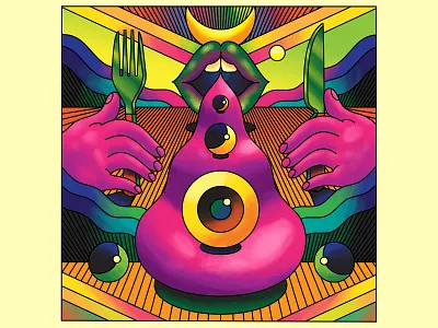 The Celestial Feast - Ride the Sunrise Exhibition art direction bright color colour graphic illustration landscape illustration psychedelia psychedelic retro surreal surreal art surrealistic vector