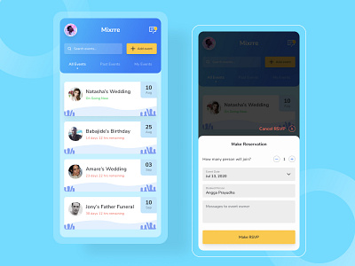 Mixrre Event App app birthday party clean details event features funeral gradient homepage mixrre organizer reservation wedding invite
