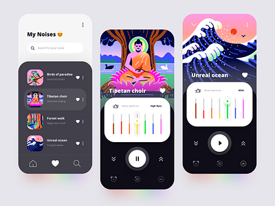 White Noise app 🌊 app appdesign application birds design forest illustration ios meditation mobile app multicolor music mynoise mynoiseapp noise sound ui water waves