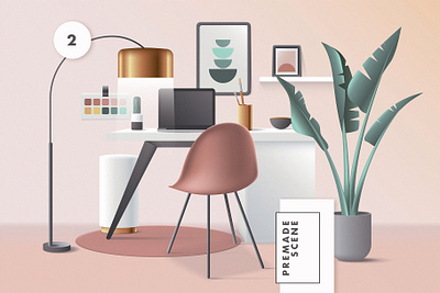 3D Workspace Scene Creator 3d 3d illustration colorful geometric header mid century mid century modern office vector web ui website illustration work from home workspace