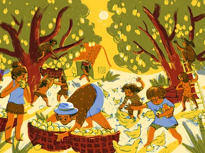 Summertime mango picking children book illustration childrens illustration culture diverseillustration diversity editorial foodillustration fruitpicking hens illustration kidlitillustration mangoes publishing