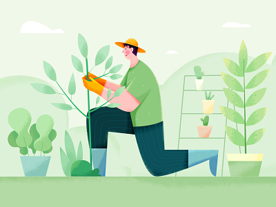 Gardener affinity designer boy character farm gardern garderner grass green grow illustration job man noise outdoor people plant texture tree uran water