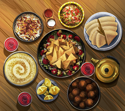 cultural cuisine art children art children book illustration dinner falafel food food illustration hummus illustration kitchen pita bread tea vegan vegan food veggies