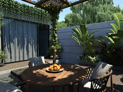 Green Courtyard 3d apple archviz building chair concrete courtyard curtain cushion digital 3d exterior fruit furniture pavement pebble pergola table tree vegetation villa