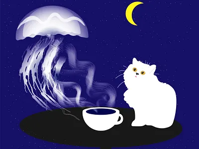 White cat and a cup of coffee. flat illustration minimal vector web