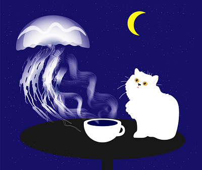 White cat and a cup of coffee. flat illustration minimal vector web