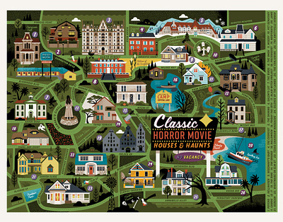 Classic Horror Movie Map film halloween haunted horror horror movies illustration puzzle design settings