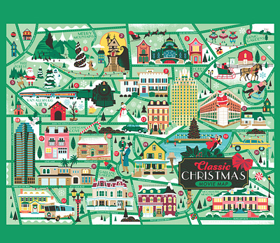 Classic Christmas Movie Map christmas holiday illustration locations map puzzle