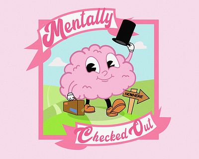 Mentally Checked Out adobe illustrator block bored brain brain dead cartoon character corona designers block had enough hills overworked pink pink aesthetic pinky retro tired vector illustration walking