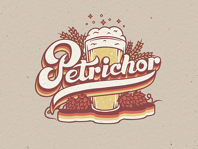 Petrichor Retro 70s beer beer art beer branding design handlettering hops illustraion lettering script script lettering vector wheat