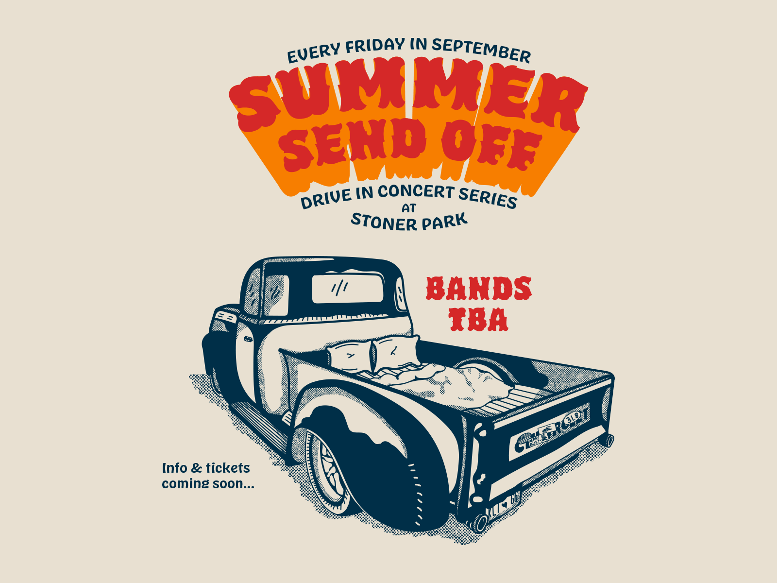 Summer Send Off concert design drive in festival halftone illustration music truck typography vector vector illustration