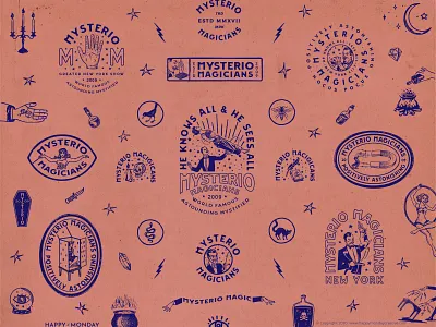 Mysterio Explorations badge boho brand branding distressed emblem engraving grunge handdrawn illustration ink letterpress logo mystic retro rough stamp typography vintage worn