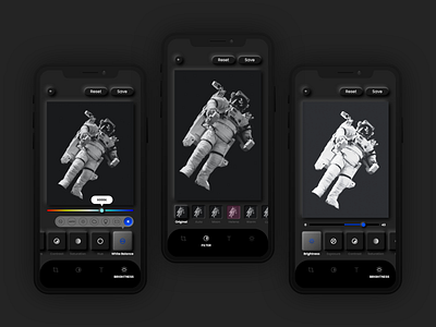 Dark Universe - Photo Filters app app design dark design edit graphic design minimalistic mobile neumorphic design neumorphism photo photo app photo edit photo editing photo filter photo tool photography ui ui kit ui8