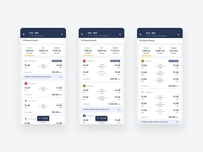 Fights search results blue components design system flights mobile app product travel trip