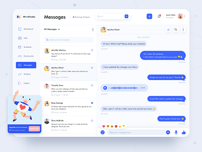 Freelancer Message Dashboard app branding chat dark dashboad event hire illustration jobs logo managment message onboard product design schedule task web webdesign website