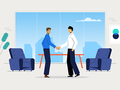 Partnership 2d business businessman chair character design clean falt illustration interior job meeting office partnership people stepdraw vector view