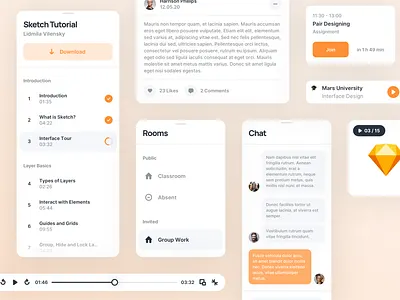 Education Platform - Design System app app design chat clean component conference design education learning minimal mobile app mobile design orange platform player ui university ux video