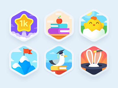 Ahievements achievement animation app badge chicken color design education illustration language level mountain prize rabbit screen seagull star study teach theme