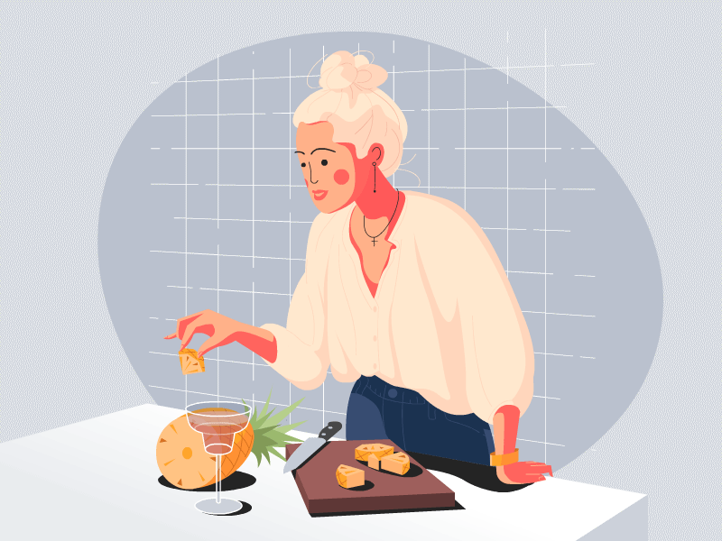 Girl preparing pineapple cocktail adobe animate adobe illustrator character character animation cocktail cook cooking fruit illustration girl girl character girl illustration graphic design illustration illustrator pineapple pineapple cocktail vector vector art vector illustration