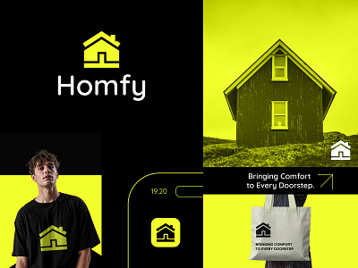 Homfy - logo branding | home, real estate brand design brand identity brand logo brand mark branding design home house identity design illustration logo branding logo mark minimal minimal logo modern real estate simple symbol ui yellow