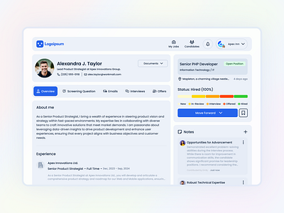 Candidate Profile UI Design ai software candidate details dashboardui employee employeemanagement hrm hrs job jobportal product design profile profile overview recruitment saas talentmanagement ui ux web app