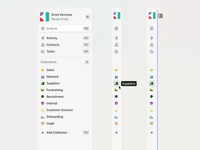 Collapsing Sidebar app collapsed collections concept crm design desktop expandable expanded hover interaction menu navigation relationships sidebar ui user interface ux web app
