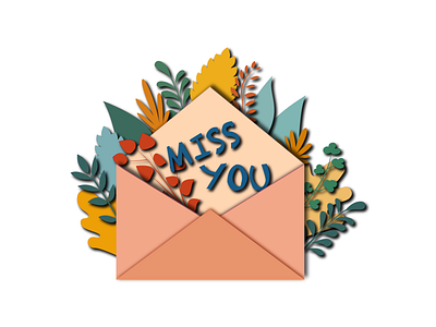MISS YOU envelope illustration leaves vector