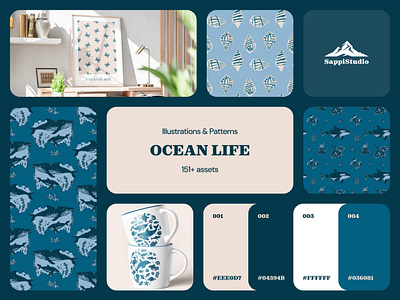 Ocean Life – Hand-Drawn Linocut Illustrations, Patterns beach beach design assets hand drawn hand drawn sea illustration linocut marine marine patterns nature vector pack nautical nautical vector ocean ocean clipart patterns sea sea animals summer summer graphics vintage vintage linocut illustrations