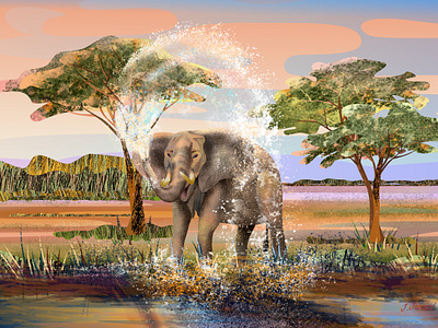 Elephant is taking a shower 💦🐘 africa african animals bookillustration children book illustration childrens illustration digital art digital artwork digital illustration digital painting elephant flat illustration illustration landscape landscape illustration mural design poster art savannah textures travel illustration vector illustration