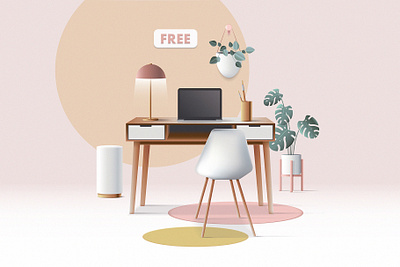 3D Workspace Scene Creator Freebie 3d 3d illustration branding colorful free freebie geometric home office mid century modern office space retro scene creator scene generator ui vector web illustration work from home workspace