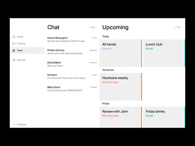 Team screen desktop black chat clean dashboard design desktop grey minimal product design simple splitscreen ui upcoming web website white work work at home