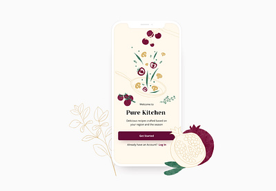 Pure Kitchen Recipe App 2d illustration burgundy button design cooking app design digital illustration food food app food illustration illustration onboarding onboarding screen onboarding ui recipe recipe app red signup ui