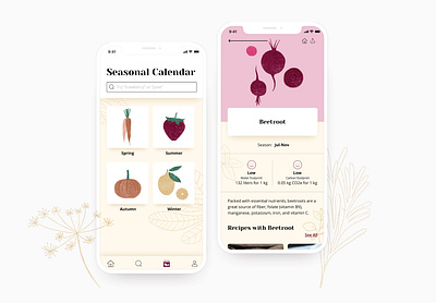 Seasonal Calendar and Ingredient Information burgundy calendar ui cooking app digital illustration food food app information mobile mobile design mobile ui recipe recipe app sustainability ui warm colors