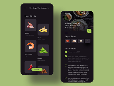 Chef at home app card dark food ingredient mobile recipe ui ux