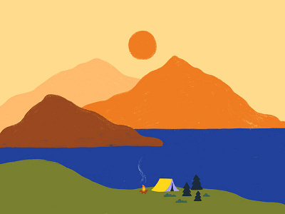 Camp sunset app camp camping cartoon color colorful flat illustration landscape minimal mountain nature nature art simple sun sunset ui ux vibrant colors web