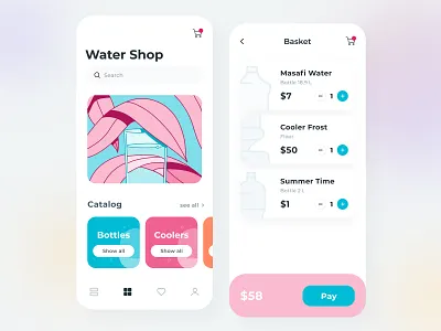 Water Shop – Mobile App application arounda basket bottle cards cart concept delivery design figma flat gradient illustration mobile navigation order shop ui ux water