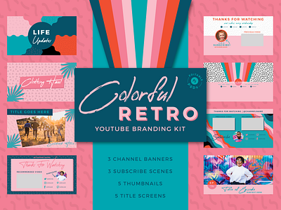 Colorful Retro YouTube Branding Kit adobe photoshop adobe photoshop cc branding channel art colorful end scenes retro subscribe scenes thumbnails title screens youtube youtube channel