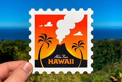 Hawaii Sticker Stamp adobe illustrator badge hawaii hawaiian icon illustration illustrator mid century palm tree polynesian postage postal service postcard retro san diego stamp tiki usps vector volcano