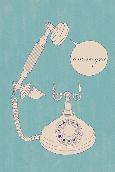 I miss you blue connection i miss you illustration ink drawing phone relationship still life telephone vintage