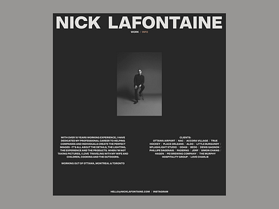 Nick Lafontaine - Info page exploration brand branding contact dark design layout logo photographer photography typography web website