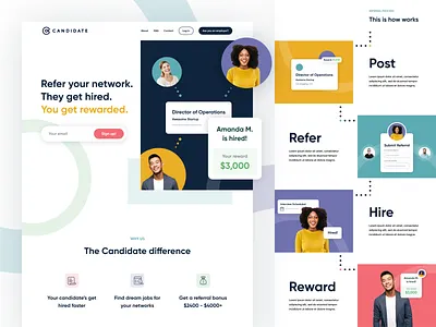 Candidate Homepage brand brand identity branding hire illustration landing page modern tech ui uiux web design web designer website