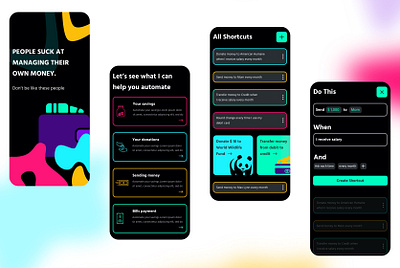 App for Financial Automations app bank banking bills black dark mode design donate finance financial mobile money pay payment savings send ui ux uxui