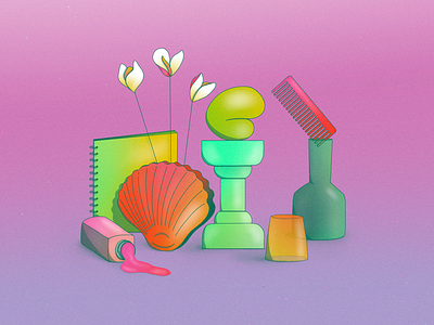 StillHereStillLife Week 18 abstract blob brush comb cup flower gradient illustration jar minimal neon notebook pillar procreate shell shiny spill statue still life vase