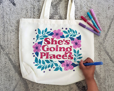 She's Going Places brand partnership collab feminist floral handlettering illustration lettering quote retro tote tote bag travel type typography