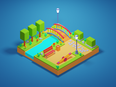 Low Poly Park 🌷 3d blender blender3d colorfull design diorama illustration isometric low poly lowpoly lowpolyart nature park render river turorial