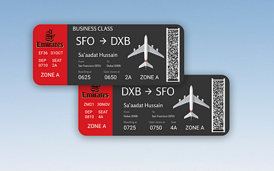 Daily UI 024 airplane boarding pass boarding pass design boarding pass ui clean daily ui daily ui 024 daily ui 24 dailyuichallenge dubai dxb emirates figma figmadesign fly emirates plane plane tickets san francisco sfo ui