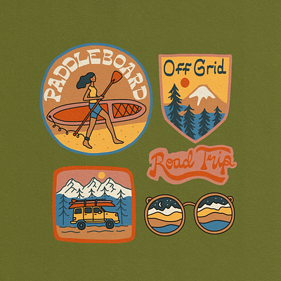 Road Trip Travel Illustration Badges adobe fresco adventure badge branding handlettering illustrated badges illustration jeep wrangler merch design mountains off grid outdoors outdoorsy roadtrip