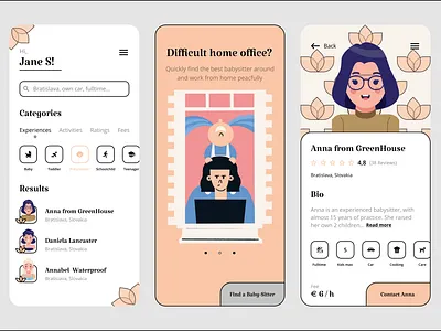 Find your babysitter :) app babysitter babysitting colors design figma illustration mobile mobile app profile ui uiux
