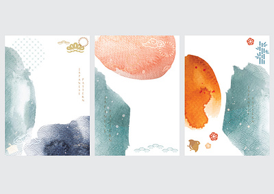 Abstract background with Japanese wave pattern and icon vector. abstract asian background banner chinese icon illustration japanese modern object pattern poster design template texture vector wallpaper watercolor illustration wave