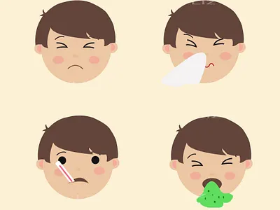 Set Cute Boy Emoji Sick character chidren corona virus covid 19 design emoji set flat illustration vector